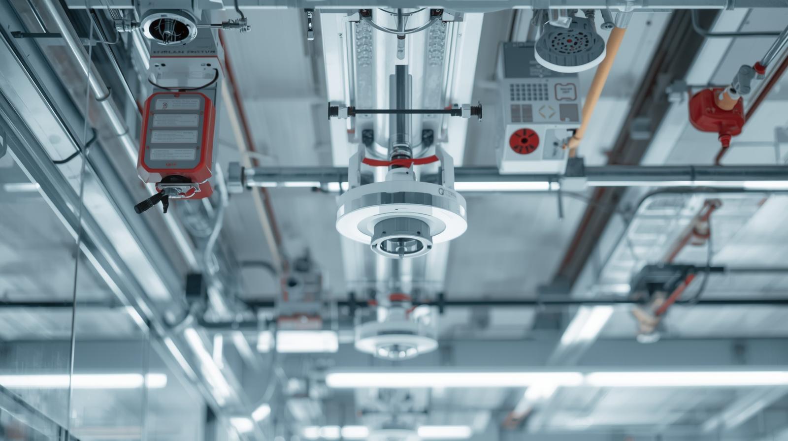 Rilevatori di fumo, sirene e segnalatori antincendio installati a soffitto in un ambiente industriale