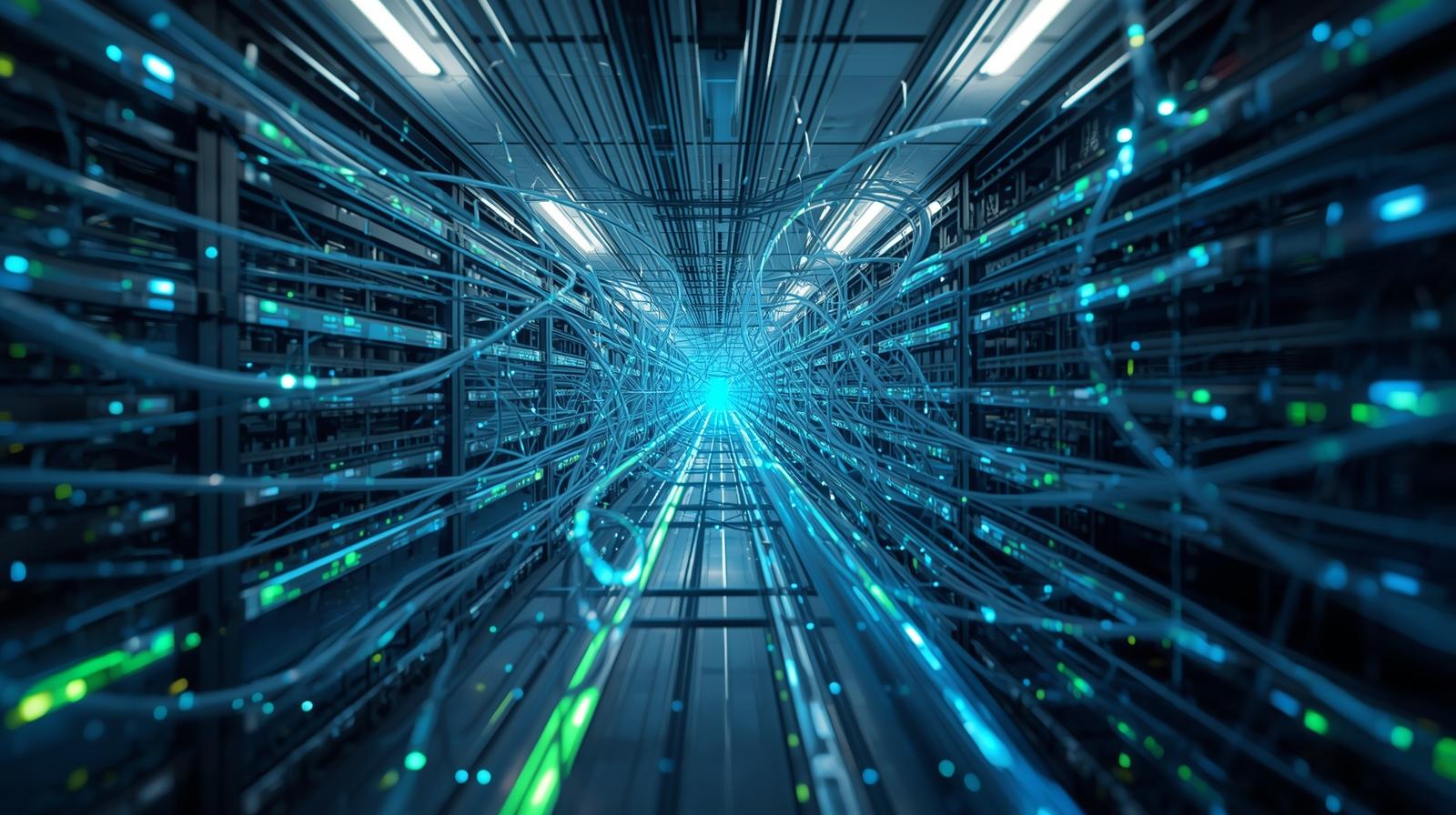 Corridoio di un data center con fasci di cavi e luci blu e verdi
