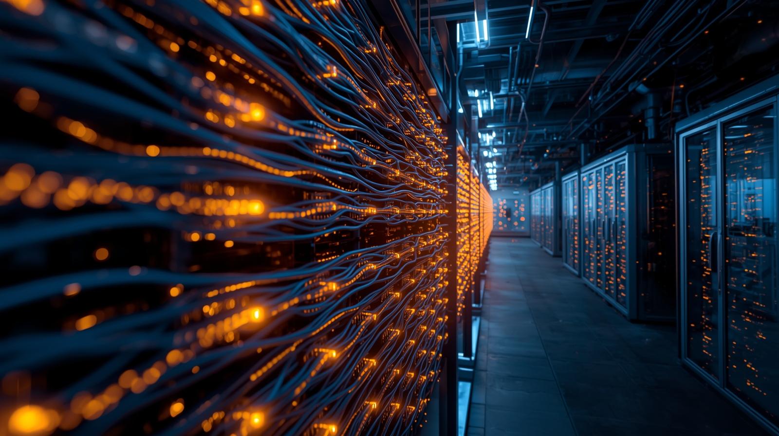Cavi di rete illuminati collegati agli armadi rack di un data center