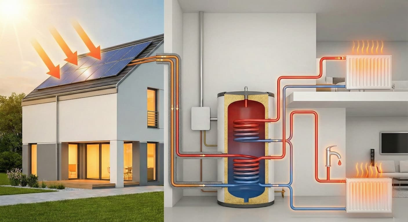 Casa con pannelli solari termici sul tetto e schema dell'impianto con boiler e serpentina