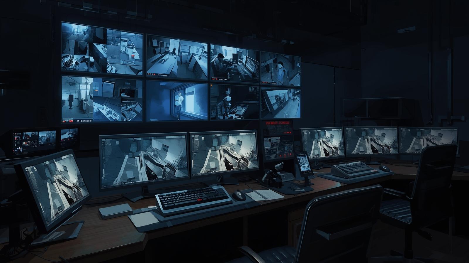Sala di controllo con monitor che mostrano le riprese delle telecamere di videosorveglianza