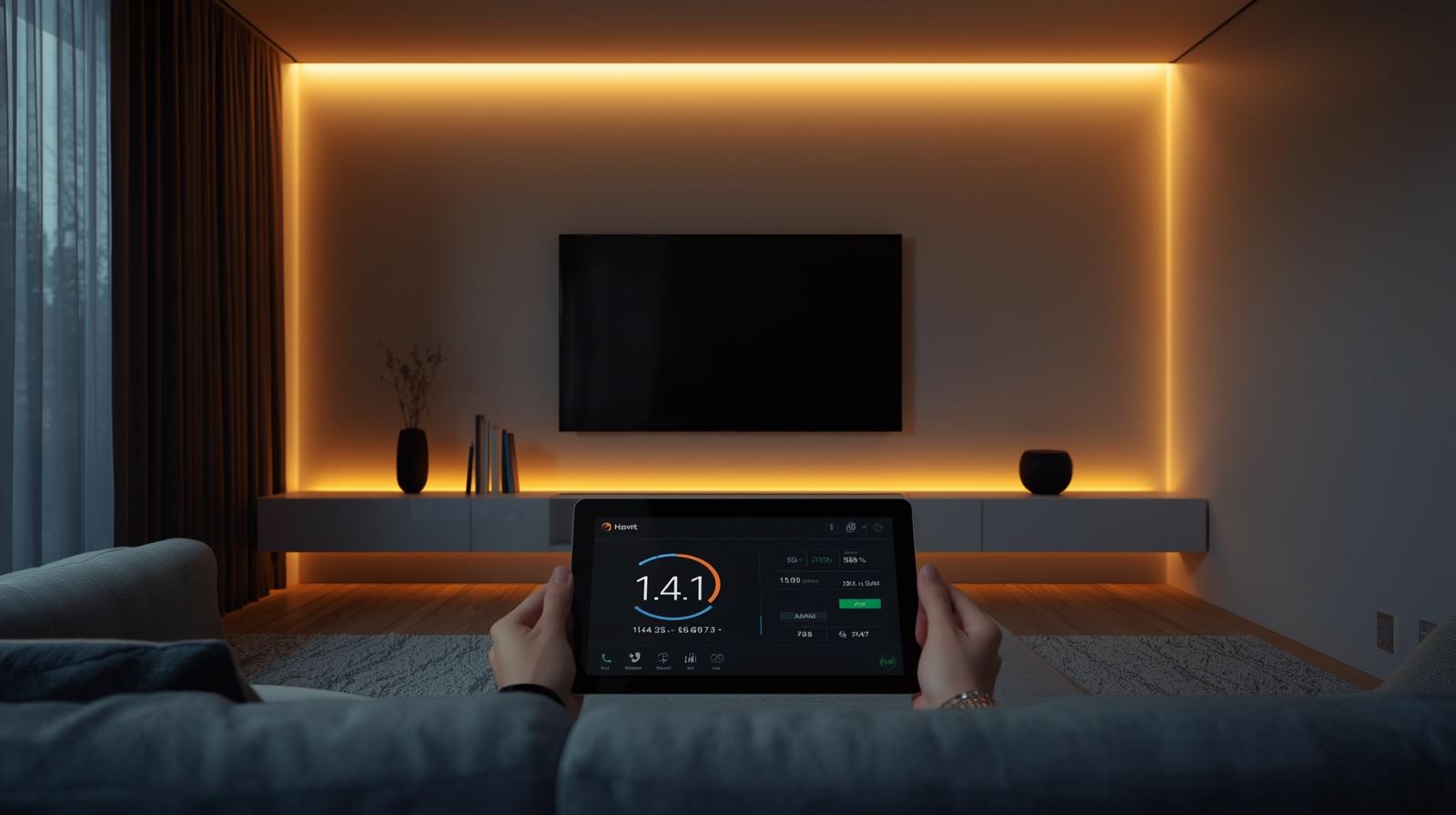 Persona sul divano controlla la casa da un tablet in un soggiorno con luci a LED