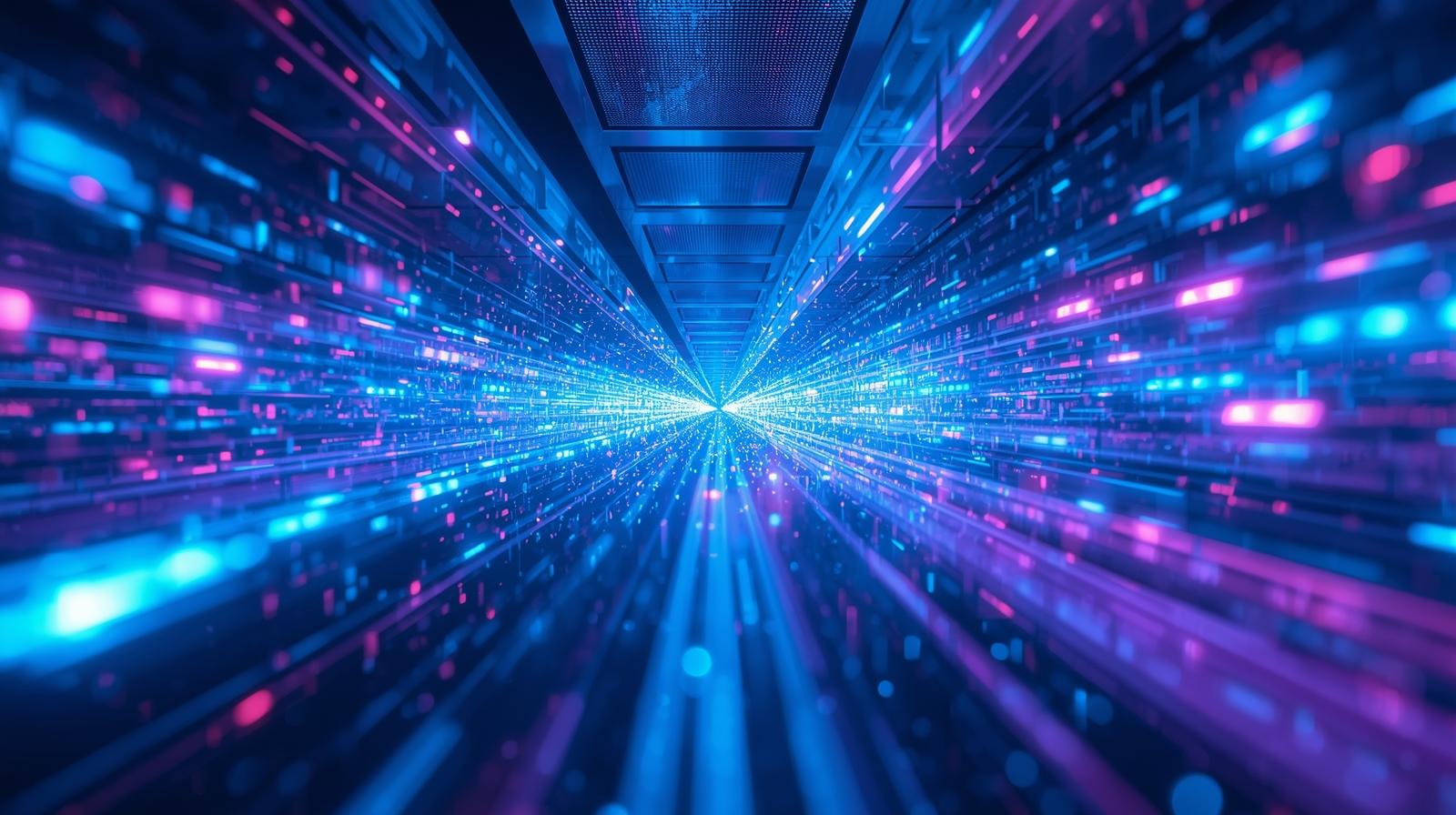 Tunnel di luci blu e viola che rappresenta la trasmissione dati ad alta velocità