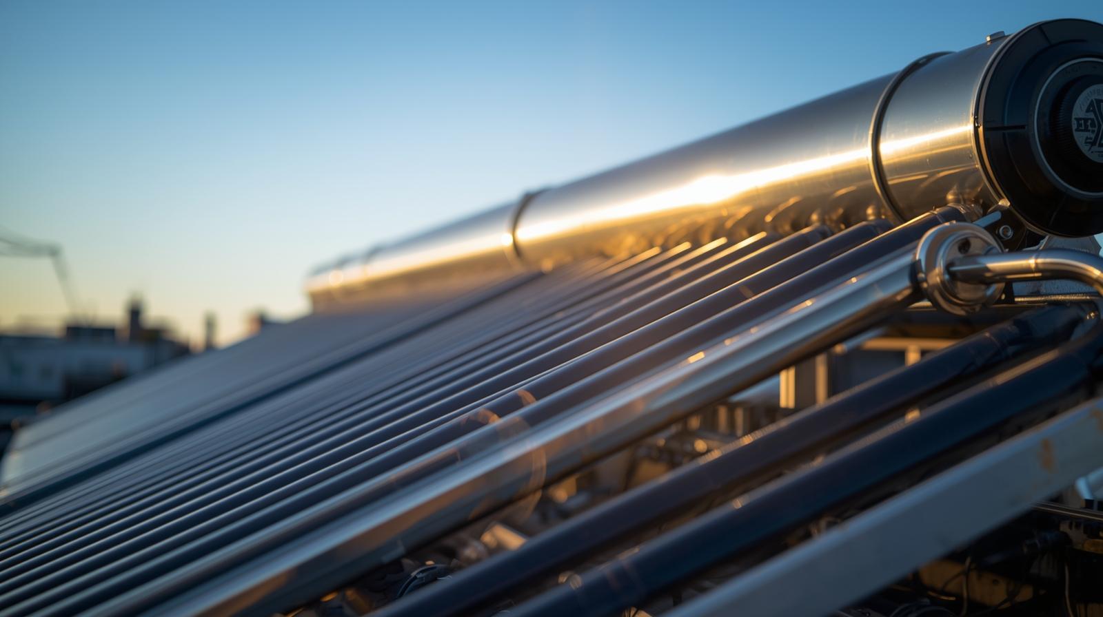 Collettori solari termici a tubi sottovuoto su un tetto al tramonto