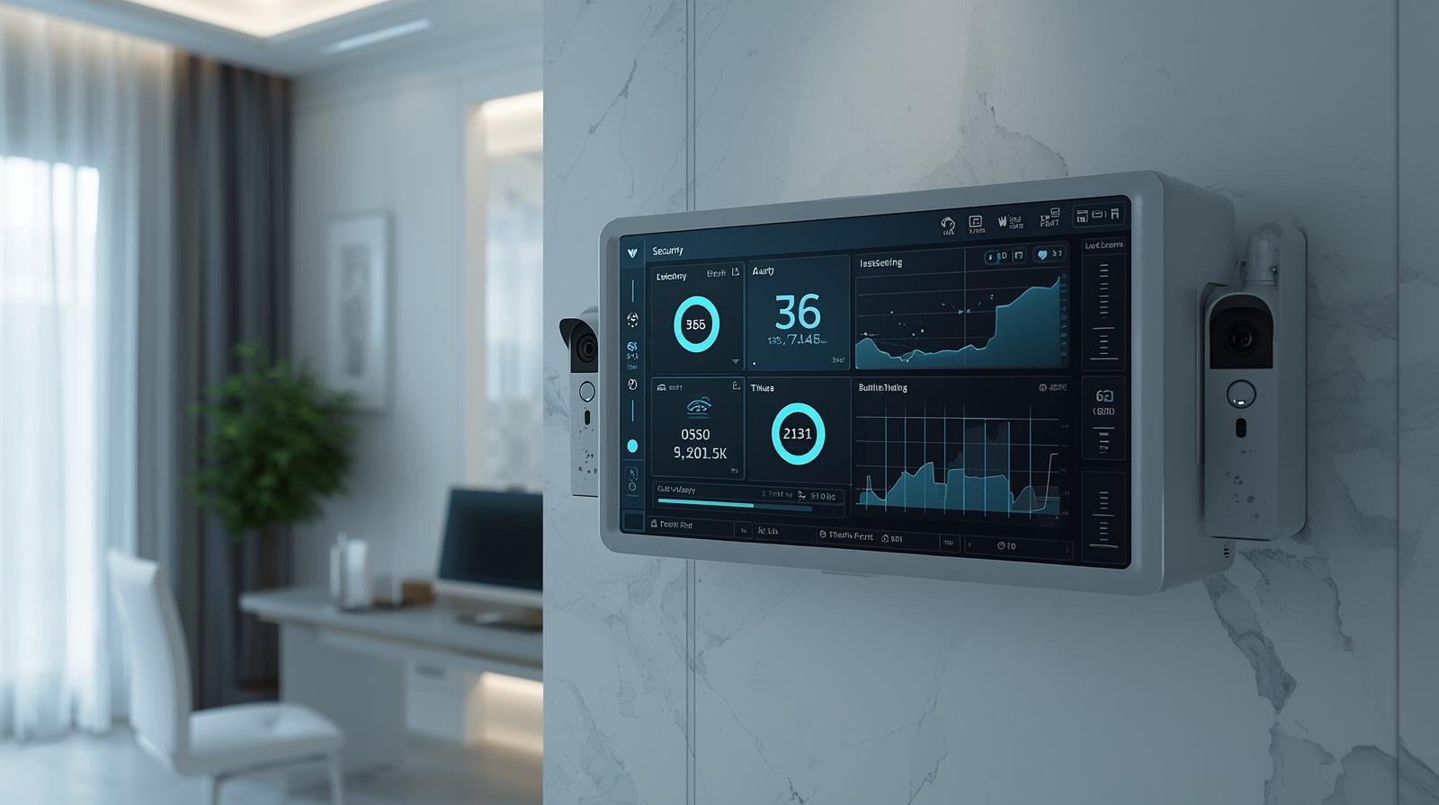 Pannello touch screen di controllo della sicurezza installato a parete in un soggiorno