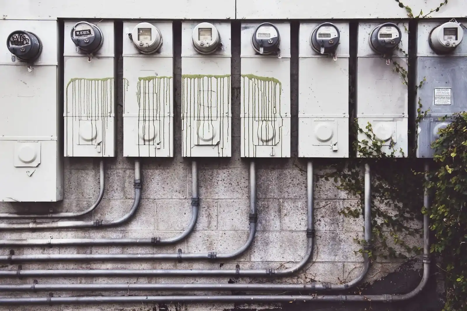 Fila di contatori elettrici di un edificio con più utenze