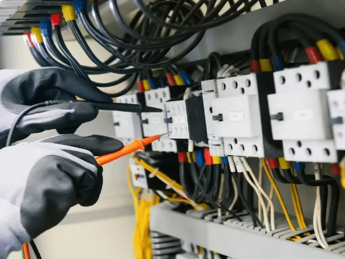 Tecnico che verifica un quadro elettrico con il multimetro