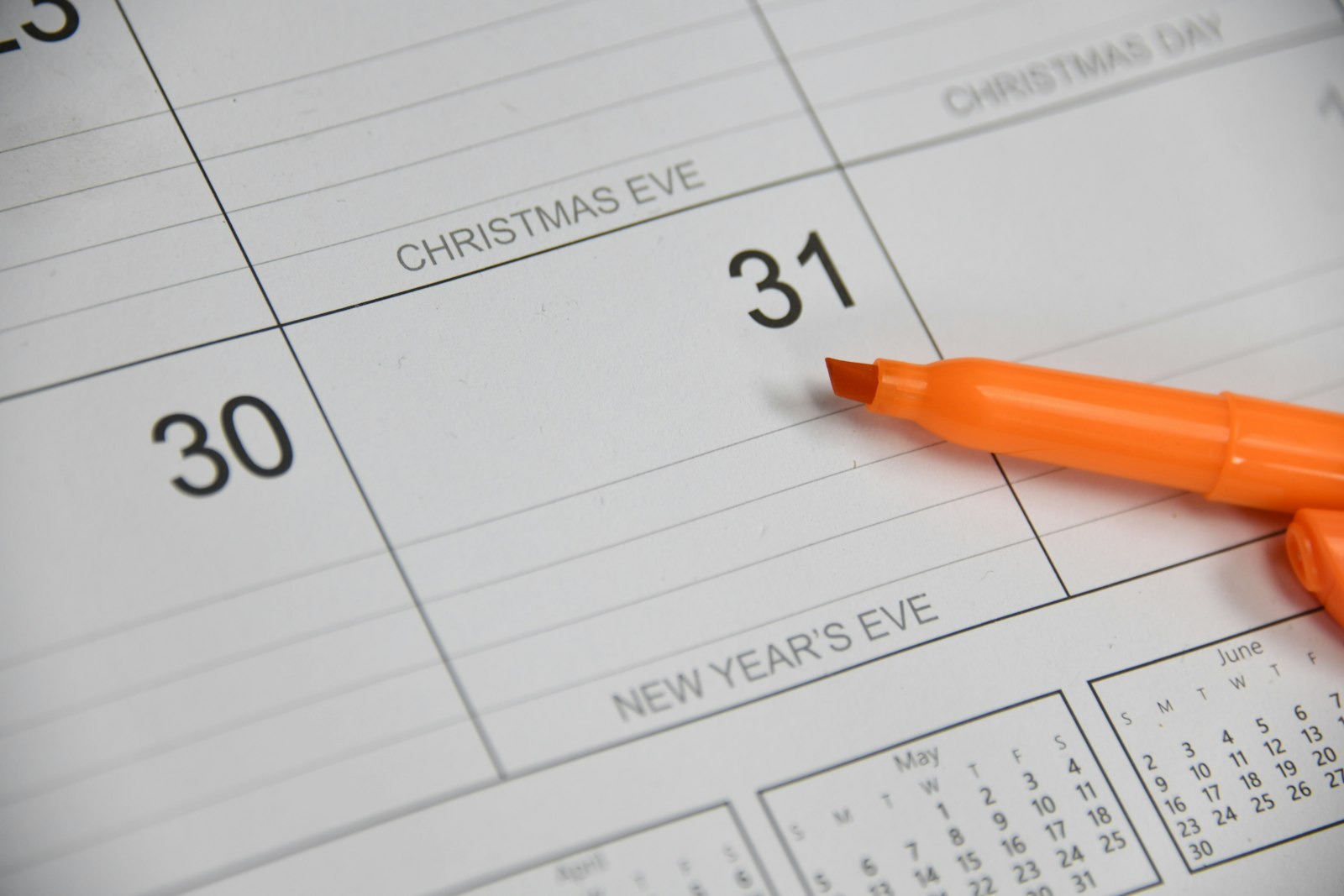 Calendario di fine anno con il 31 dicembre evidenziato